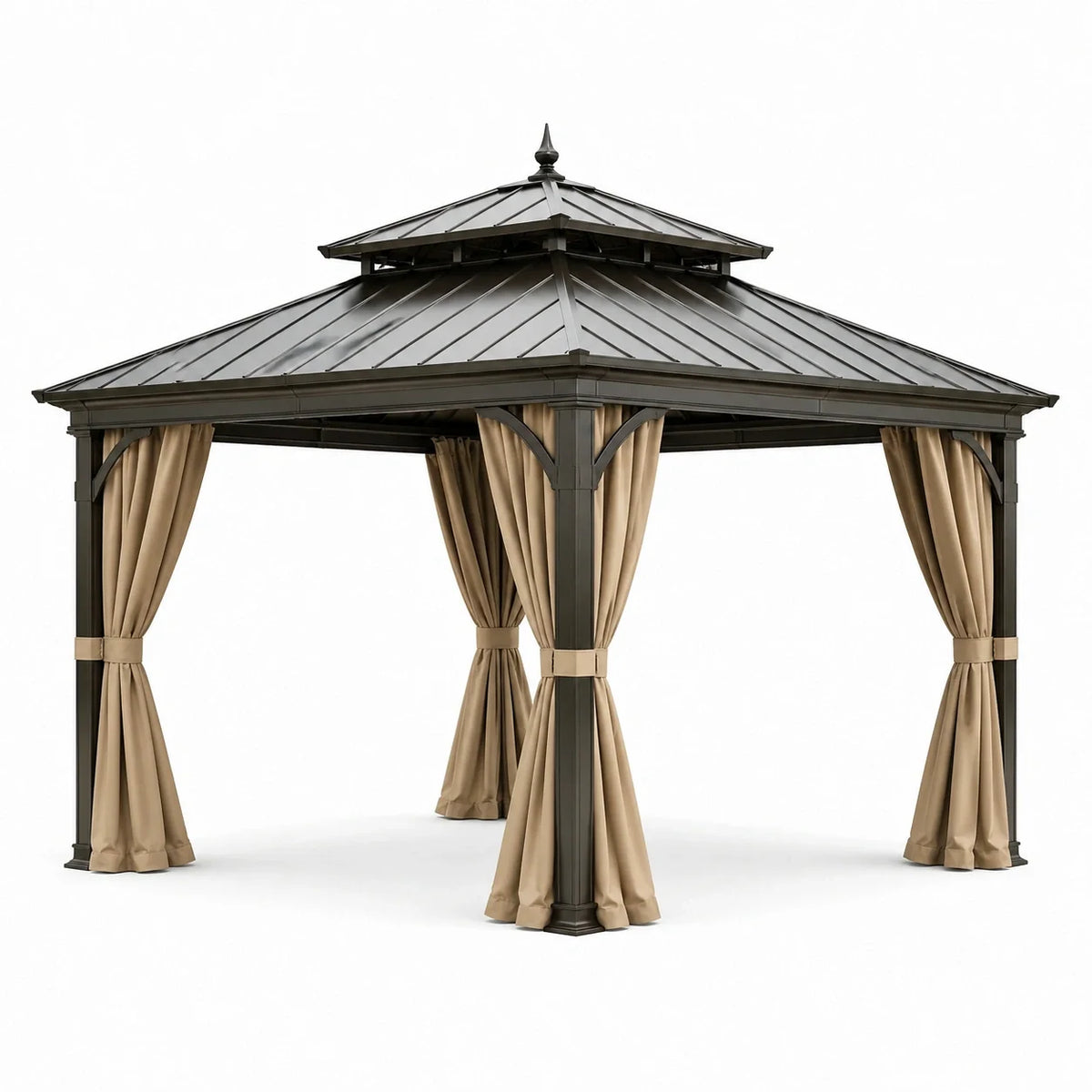 Pavillon de jardin en aluminium avec toit en acier et rideaux en polyester beige 3x3m