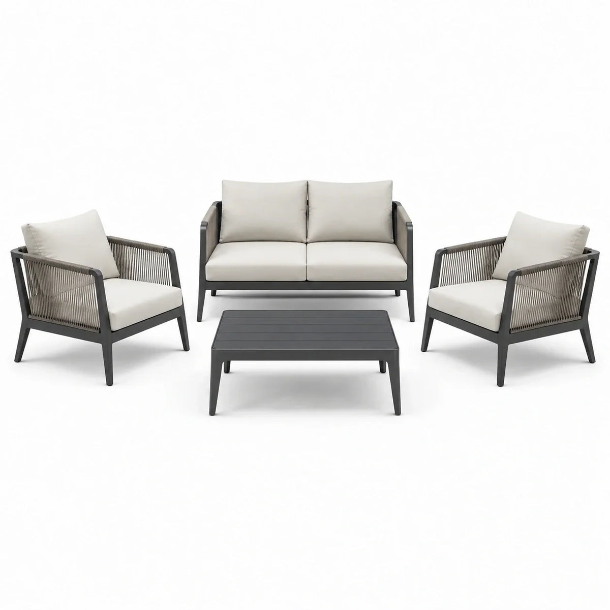 Ensemble de salon de jardin en aluminium et corde gris foncé avec coussins beiges