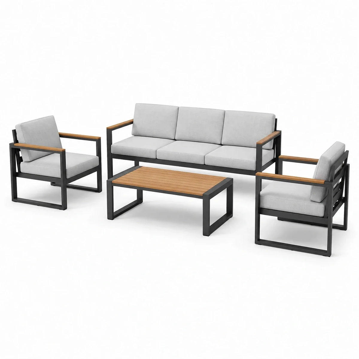 Ensemble de salon de jardin en aluminium et bois d'acacia avec canapés et fauteuils gris