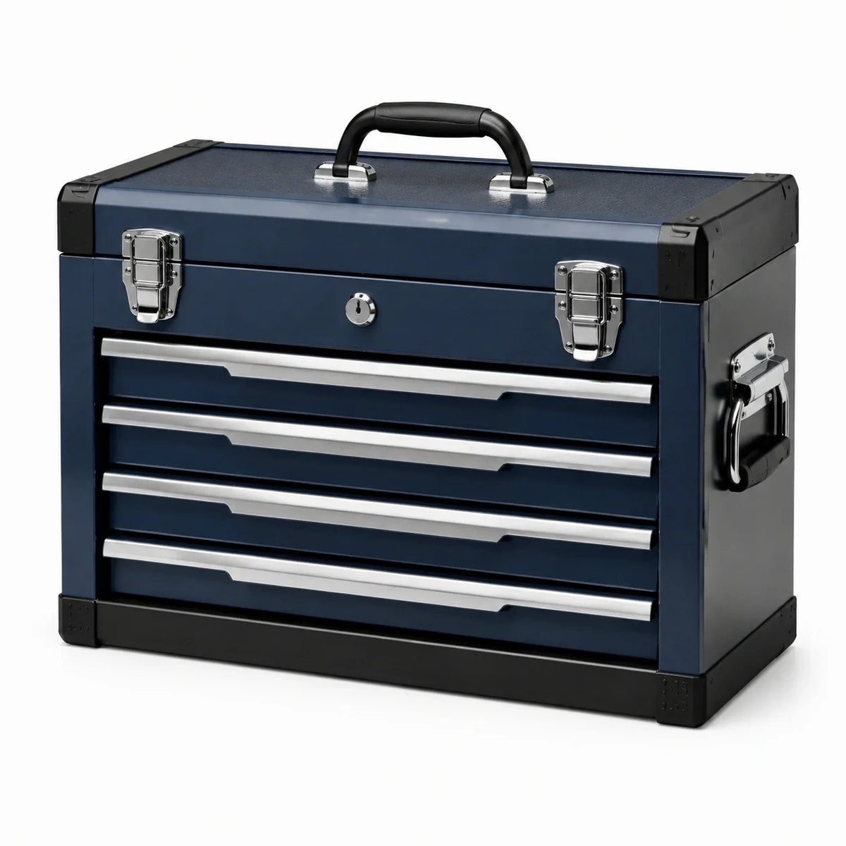 Boîte à outils métallique avec 4 tiroirs en bleu et noir