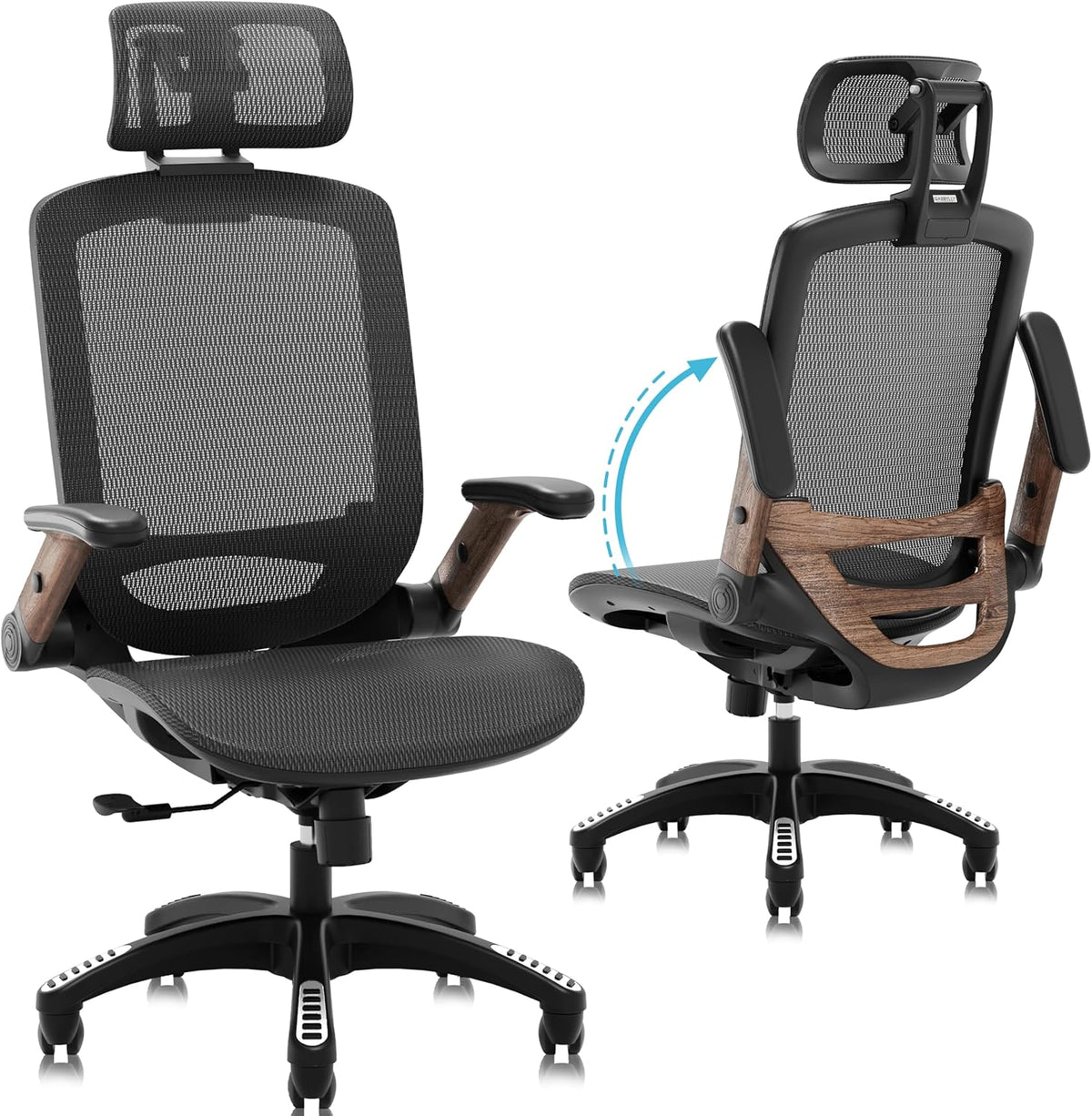 Ergonomic Office Chair, High Back Home Desk Chair with Headrest, Flip-Up Arms, 90-120° Tilt Lock and Wide Cushion, Big and Tall Mesh Chairs for Man Woman, Black Task Chair