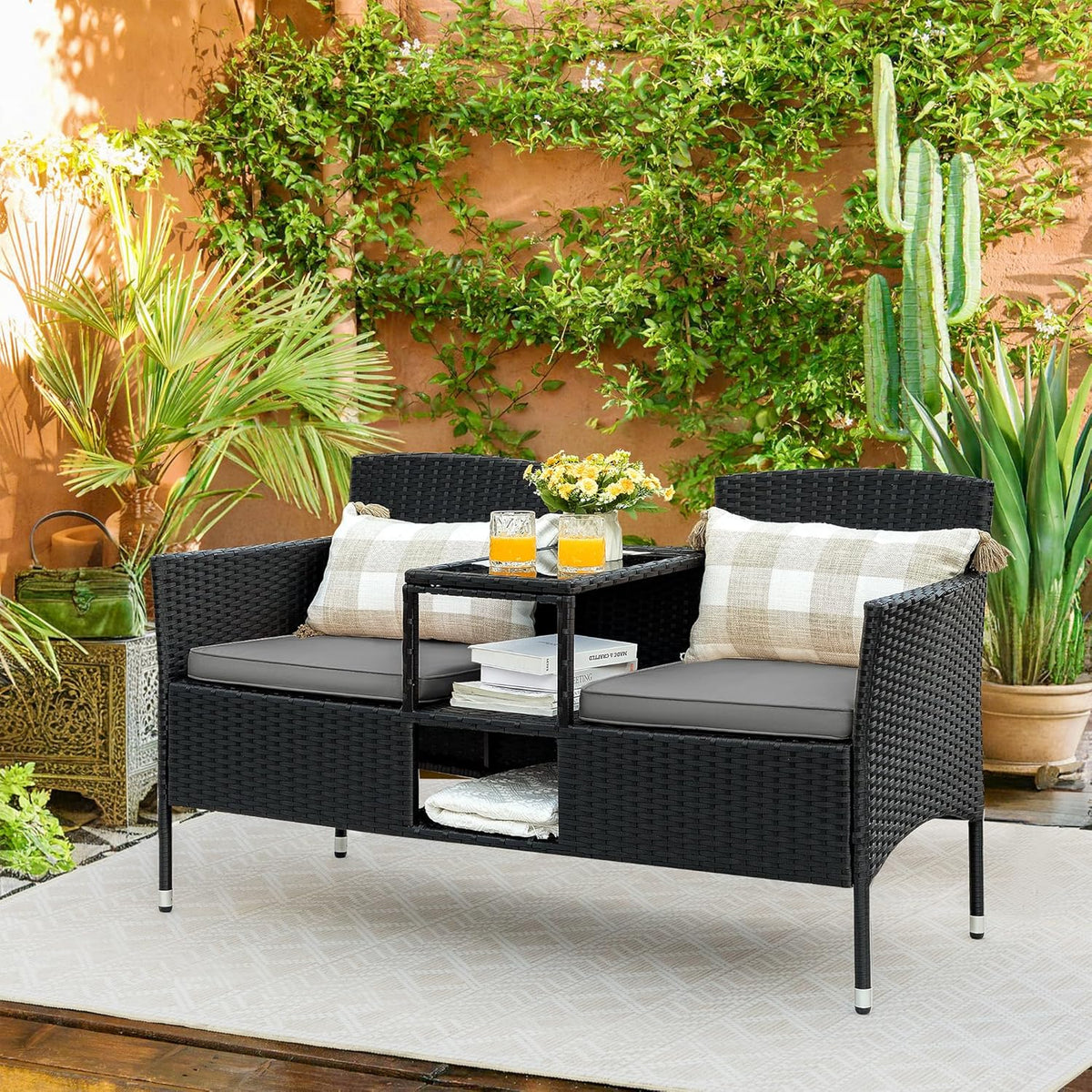 Outdoor Furniture Patio Loveseat Wicker 2-Seat with Built-in Table and Cushions Rattan Porch Chairs Bench for Balcony, Lawn, Backyard (Beige)
