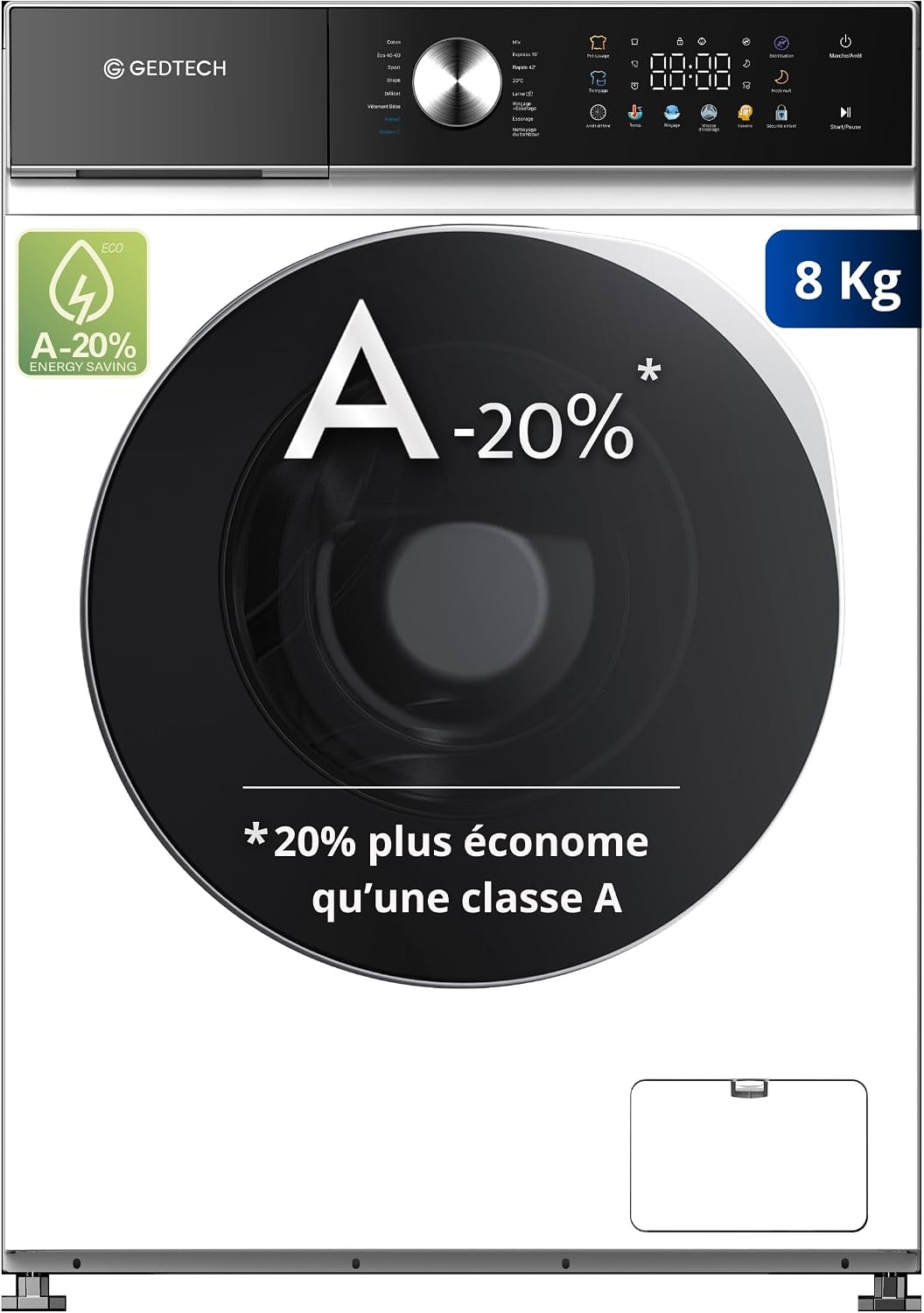 Lave-linge GLLPS81400WH, 8 kg, avec éclairage LED, frontal, 16 programmes, GEDTECH
