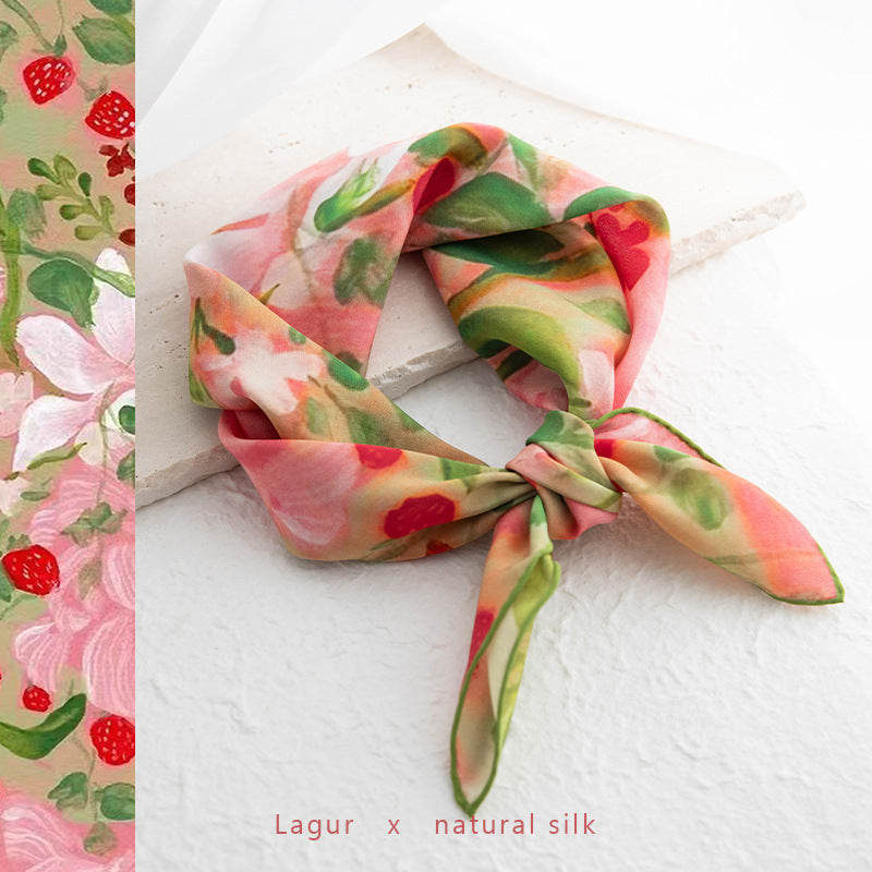 BOFAN 100% Mulberry Silk Floral Print Square Scarf for Women, 63 × 63 cm