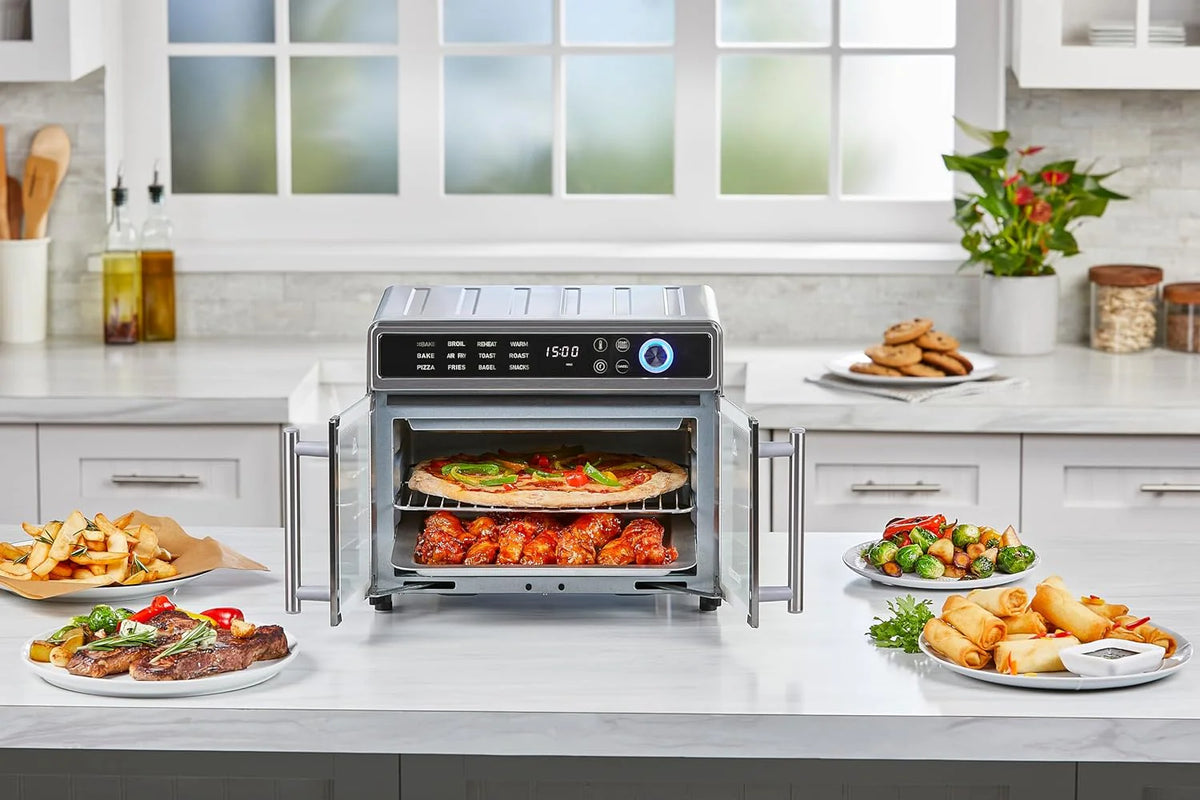 Fryer Toaster Oven Combo, 12 in 1 Countertop Convection Oven Cooks Food Fast, Fits a Whole Pizza or 6 Toast Slices, French Doors with Stainless Steel Finish