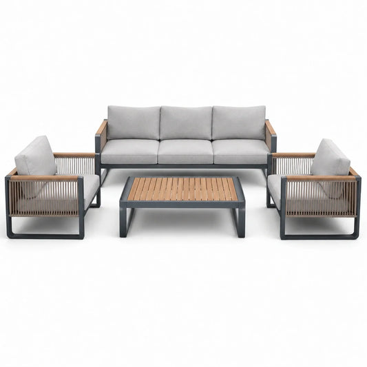 Salon de jardin en aluminium et teck avec coussins en polyester gris
