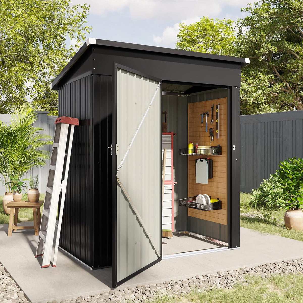 6.2x4 FT Shed Outdoor Storage Shed Metal Garden Shed with Lockable Doors & Slooping Roof Tool Shed Bike Shed for Backyard, Patio, Poolside (Brown)