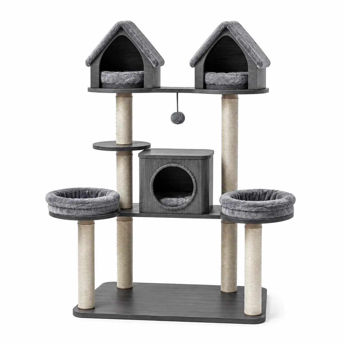 Arbre à chat en bois et sisal avec niches et plateformes - Gris 120 cm