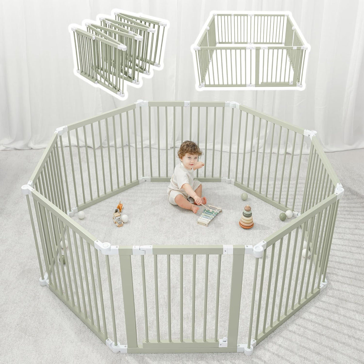 Baby Playpen & Gate - 144 x 144 x 63 cm, Extends Up to 579 cm - Pine Wood Foldable Playpen with Child-Proof Lock - Safe Play Fence Easy Assembly Baby Play Yard - Light Wood White