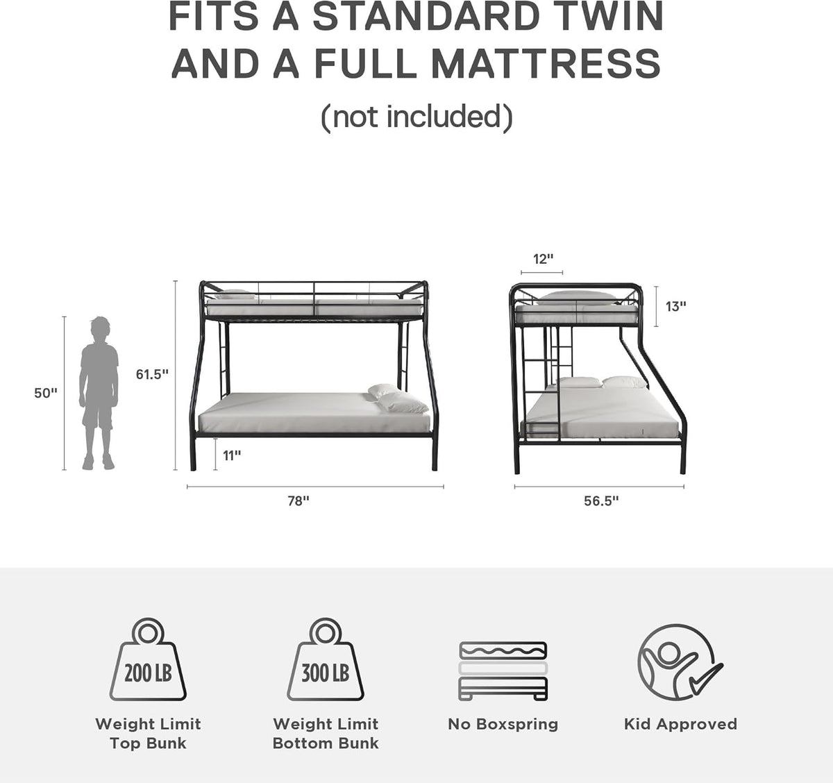 DHP Dusty Twin Over Full Metal Bunk Bed, Off White