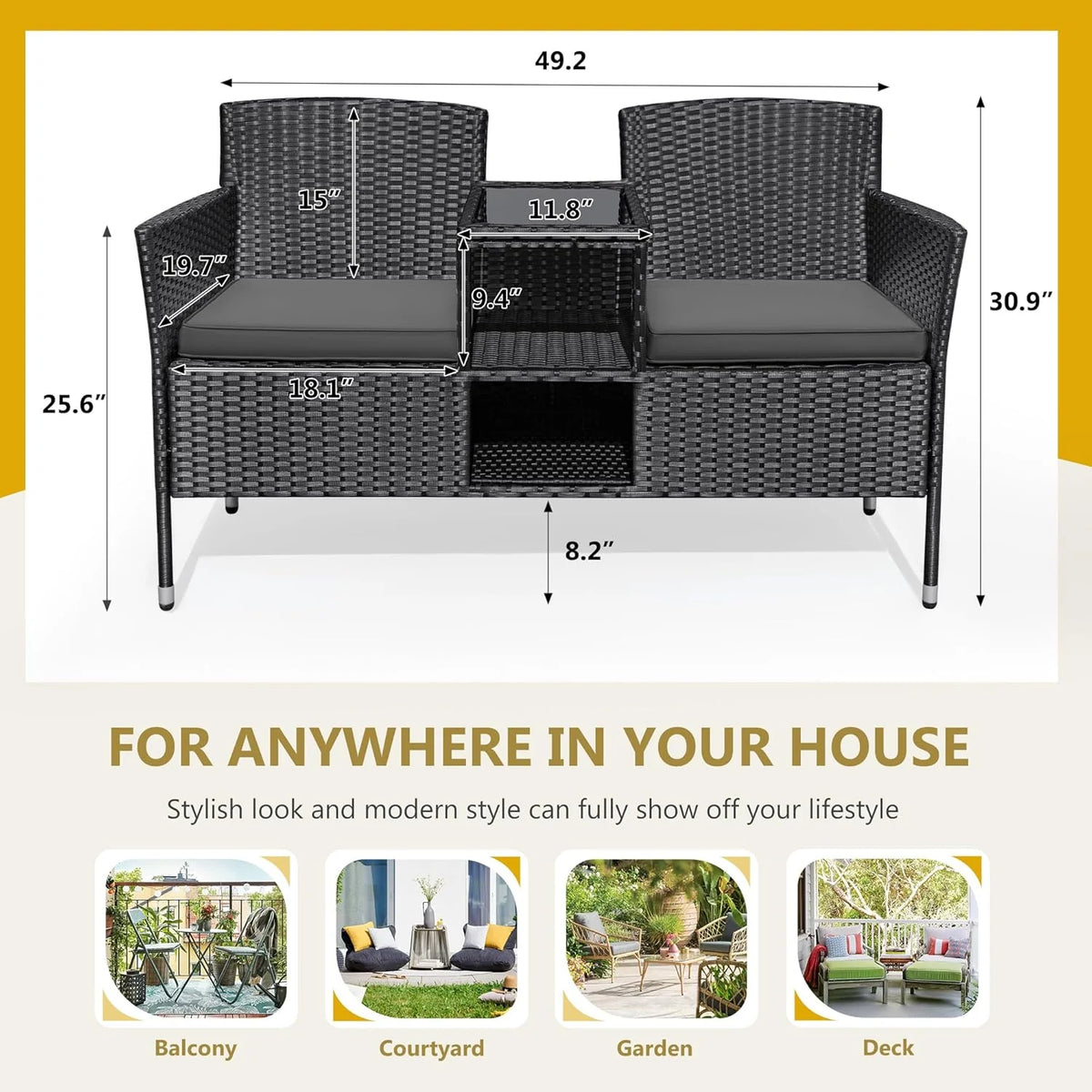 Outdoor Furniture Patio Loveseat Wicker 2-Seat with Built-in Table and Cushions Rattan Porch Chairs Bench for Balcony, Lawn, Backyard (Beige)
