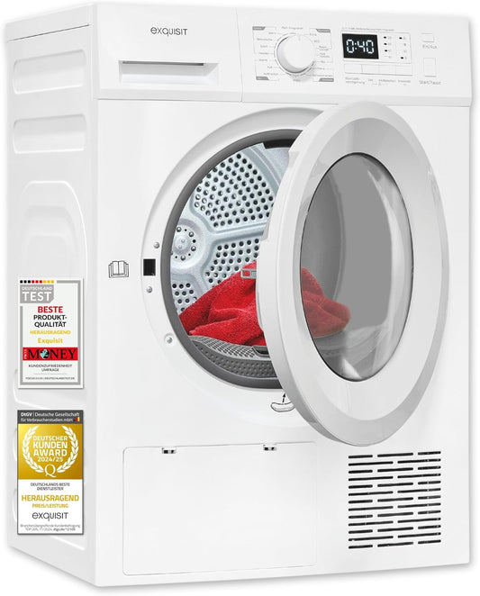 Sèche-linge TWP803-031D, 8 kg, avec éclairage LED, blanc, pompe à chaleur, 16 programmes, Exquisit