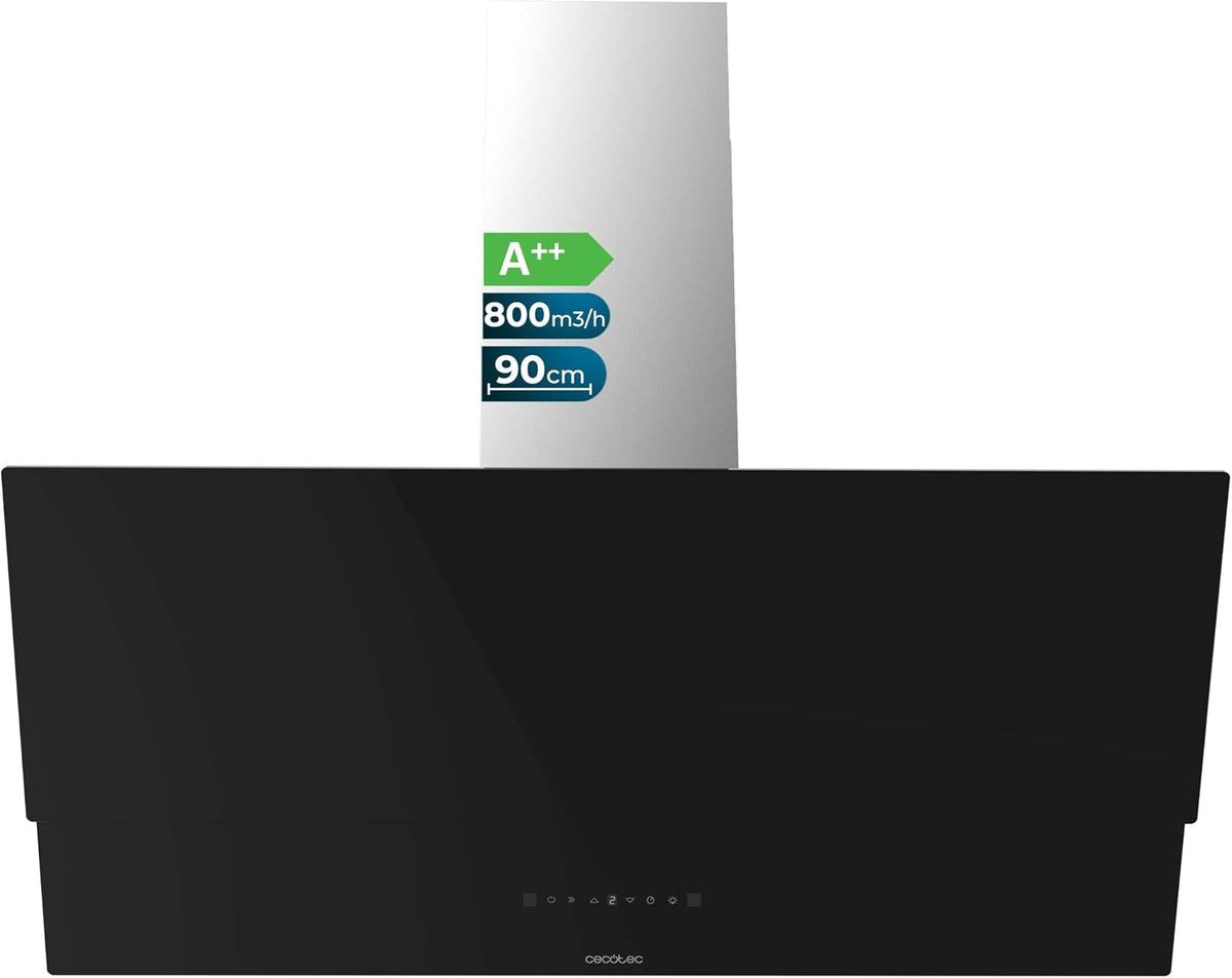 Cecotec hotte aspirante, 90 cm, 800 m³/h, 210 W, acier inoxydable, verre, noir