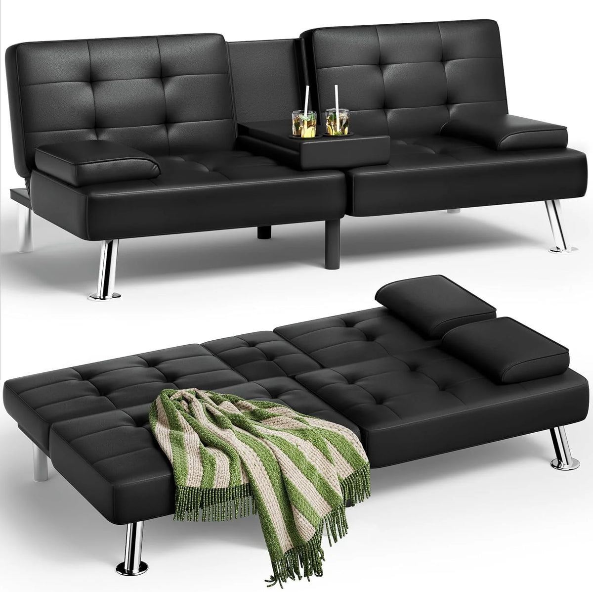Futon Sofa Bed, Leather Futon Couch with Removable Armrests, Adjustable Recliner Sleeper Sofa Bed with Dual Cup Holders for Living Room, Apartment, Office (Black)