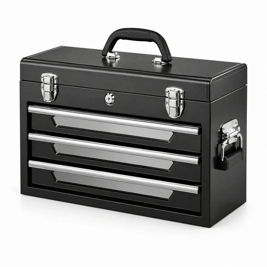 Boîte à outils en métal noir avec 3 tiroirs verrouillables