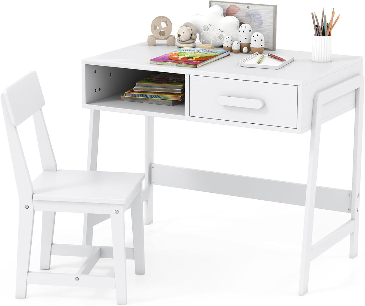 Kids Desk and Chair Set, Wooden Children School Study Table and Chair w/Storage Drawer & Hutch, Student Writing Desk Computer Workstation for Bedroom, Gift for 3+ Years Old (White)