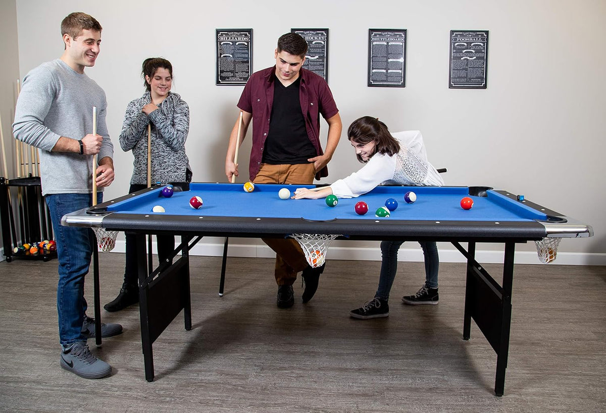 Fairmont 6 Ft Portable Pool Table, Adults Folding Billiards Tables for Game Room with Easy Foldable Storage, Includes Full Set of Billiard Balls, Cues, Chalk & Brush