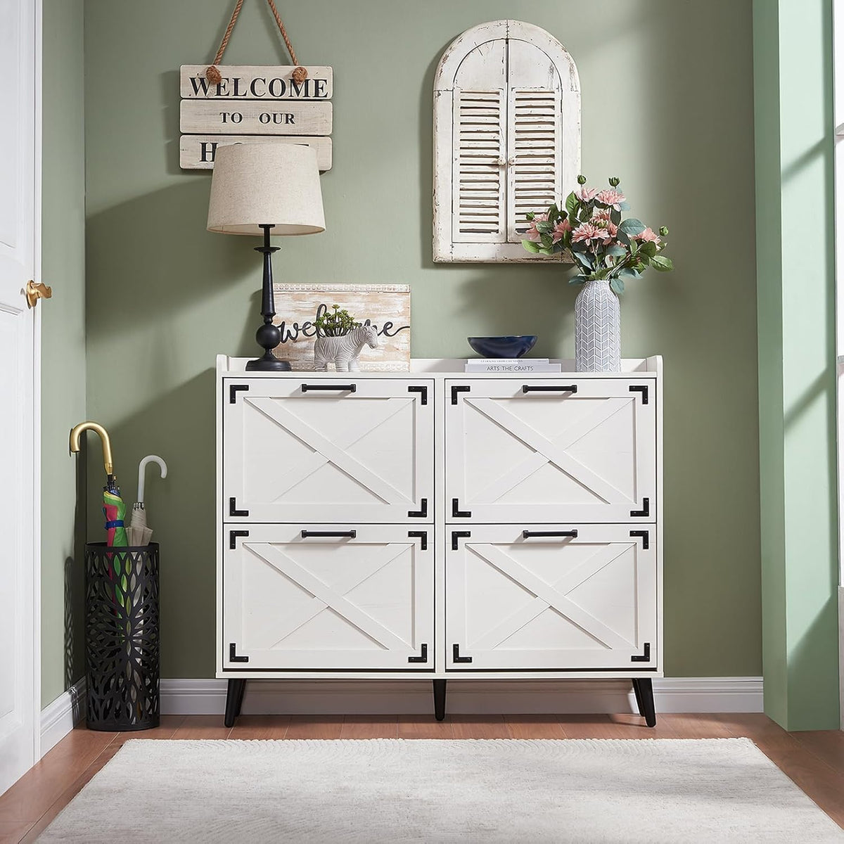 Shoe Storage Cabinet,Farmhouse Shoe Organizer with 4 Flip Drawers & Barn Door Design,Freestanding Hidden Slim Narrow Shoe Rack Cabinet for Entryway,Foyer,Hallway,Walnut