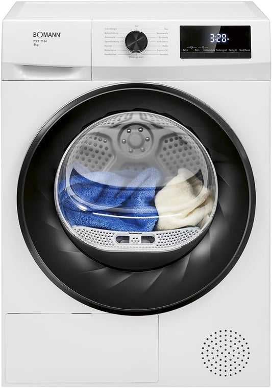 Sèche-linge WPT 7154, 37,0 cm, 8 kg, pompe à chaleur, 15 programmes, Bomann