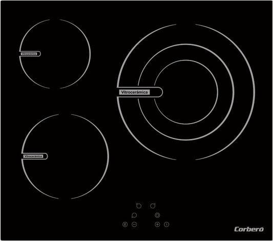 Table de cuisson CCVG35BF, 59 × 52 × 6 cm, 5700 W, vitrocéramique, 3 zones, 9 niveaux, Corbero
