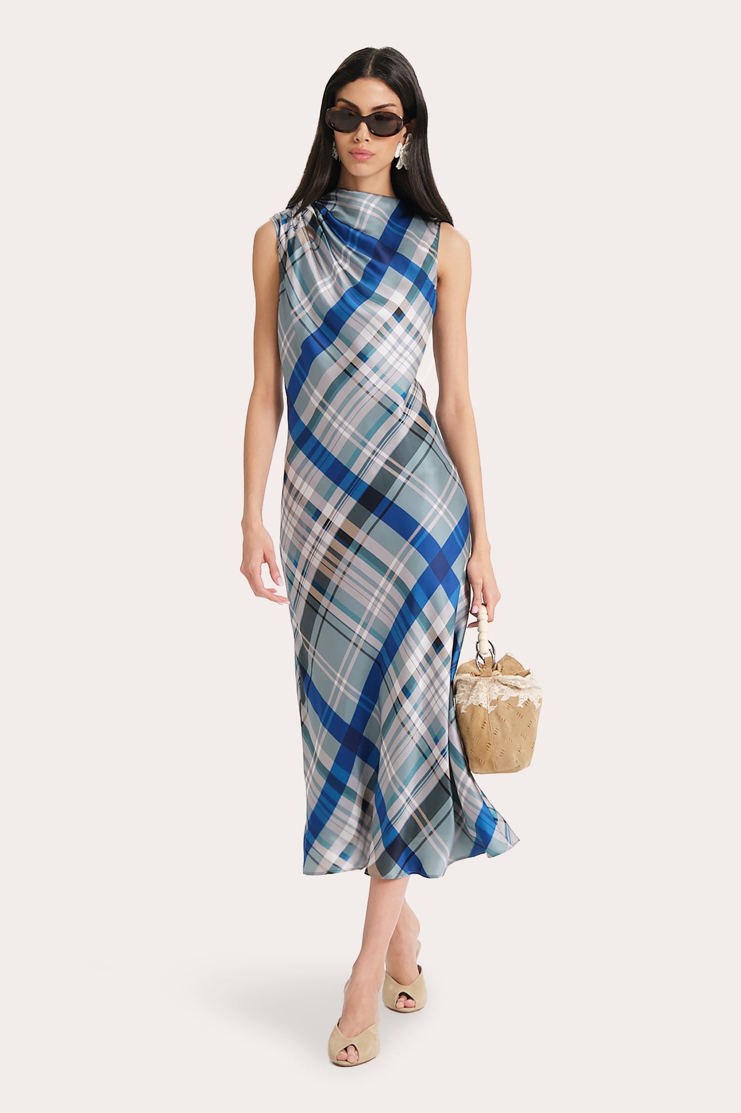 Grace Silk Charmeuse Plaid Draped Midi Dress