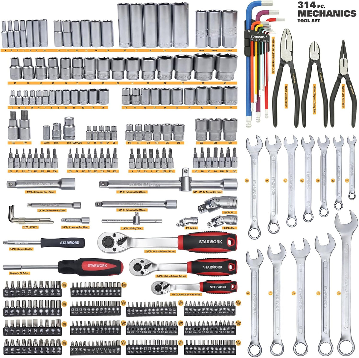 314-Piece Mechanics Tool Set and Socket Set, Professional Metric Set