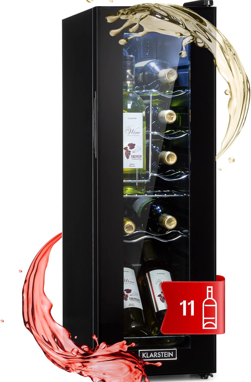 KLARSTEIN cave à vin, 32 L, 5–18 °C, avec éclairage LED, acier inoxydable, noir, pose libre, 12 bouteilles