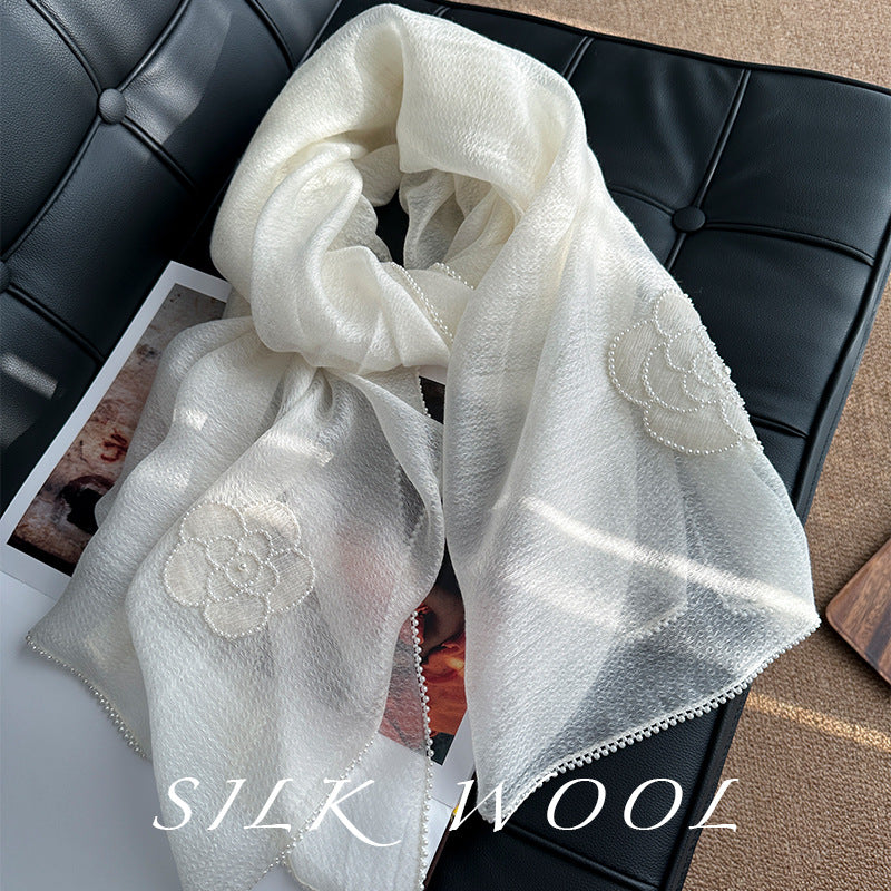 Women's 100% Mulberry Silk Embroidered Floral Long Scarf Shawl 190 × 85 cm