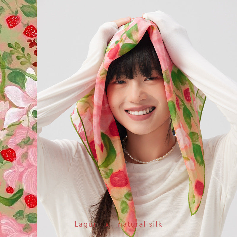 Women's 100% Mulberry Silk Strawberry Print Square Scarf 63 × 63 cm
