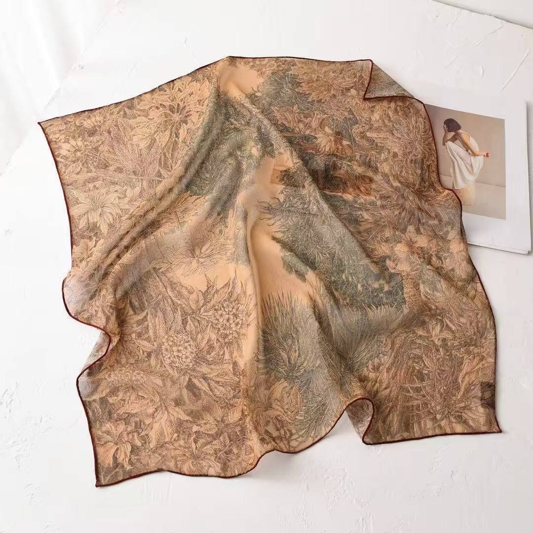 100% Mulberry Silk Women's Square Scarf 68 × 68 cm – Hand-Rolled Printed Silk Neck Scarf