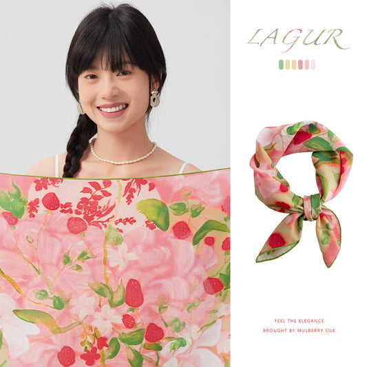 Women's 100% Mulberry Silk Strawberry Print Square Scarf 63 × 63 cm