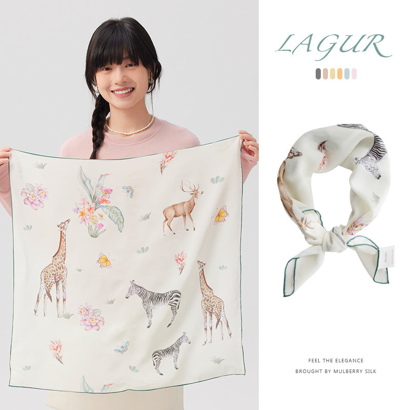 Women's 100% Mulberry Silk Animal Print Square Scarf 61 × 61 cm