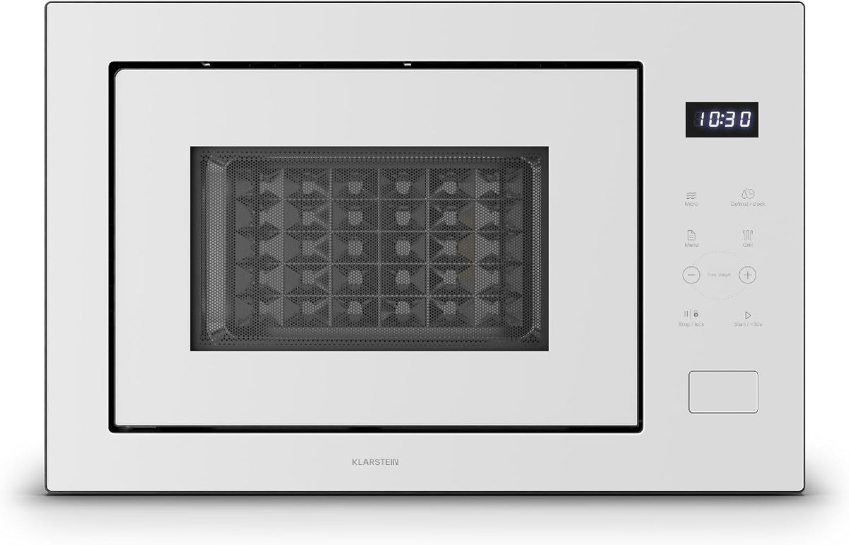Klarstein four à micro-ondes, 31,5 cm, 25 L, 850 W, 1200 W, acier inoxydable, blanc, encastrable, grill, 8 programmes
