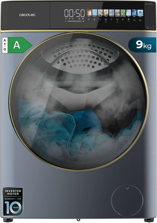 Cecotec lave-linge, 52 cm, 9 kg, 1400 Tr/min, 10,3 pouces, bleu, frontal