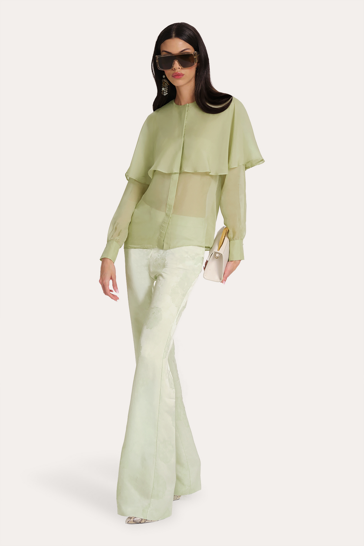 Sage Silk Chiffon Cape Blouse