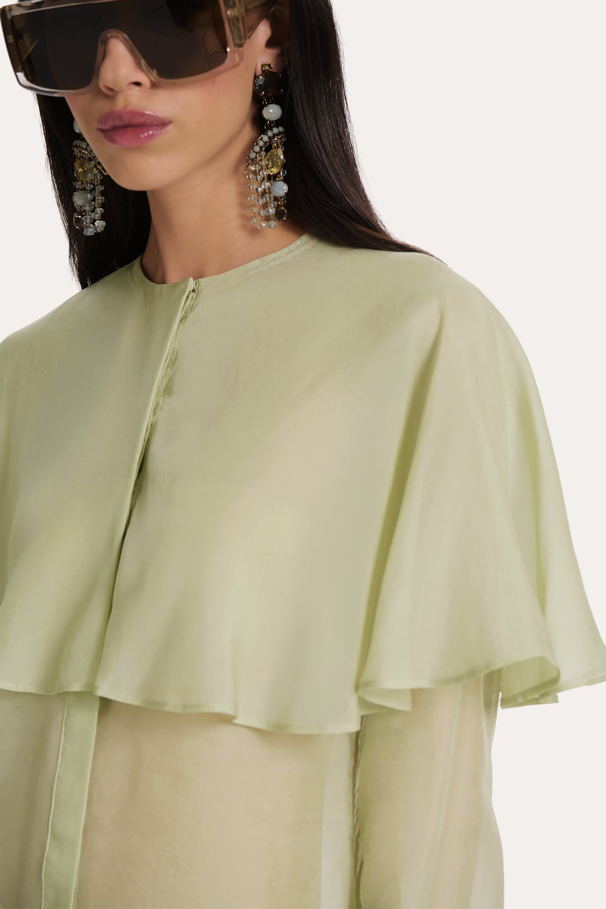 Sage Silk Chiffon Cape Blouse