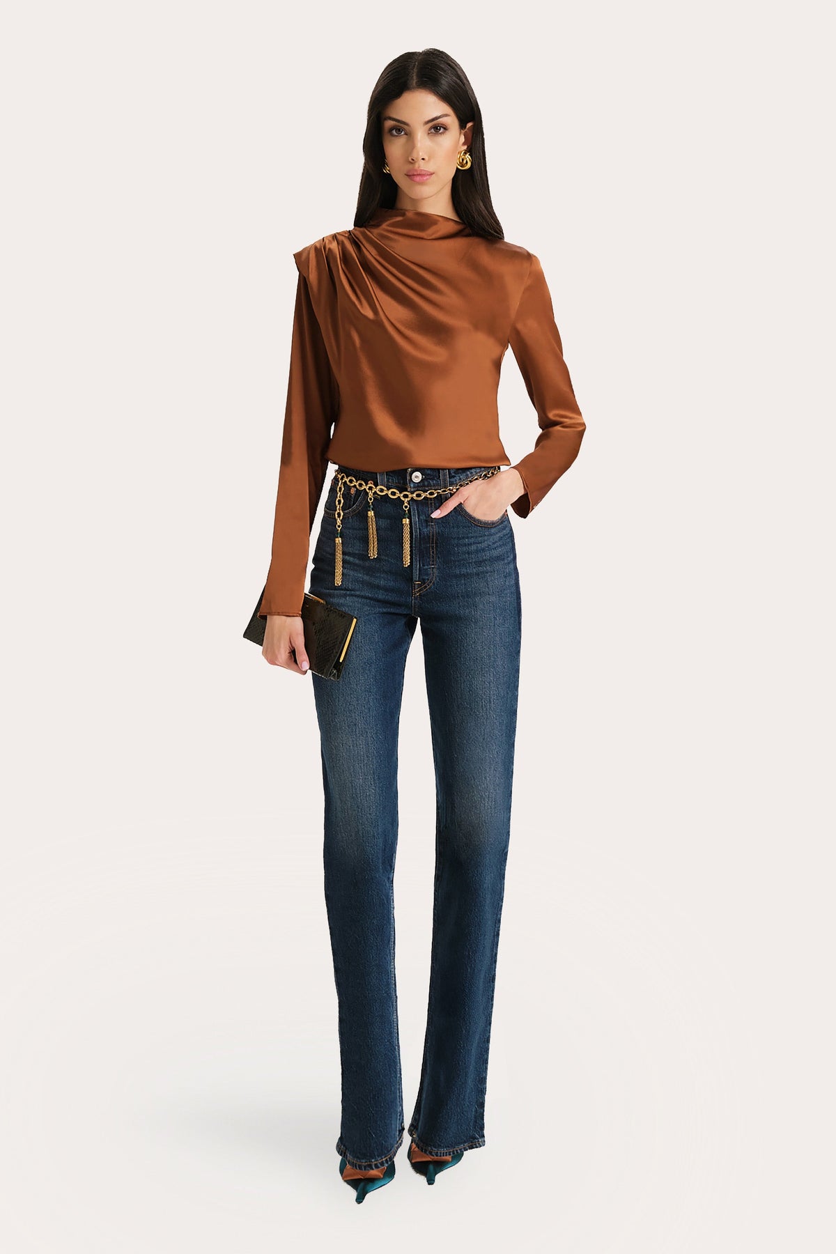Leah Silk Charmeuse Ruched Long Sleeve Shirt