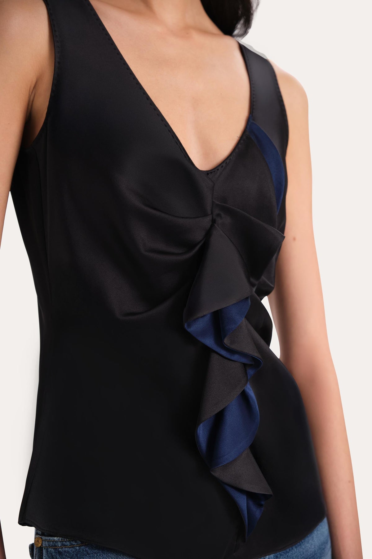 Silk Satin Sleeveless Ruffle Top