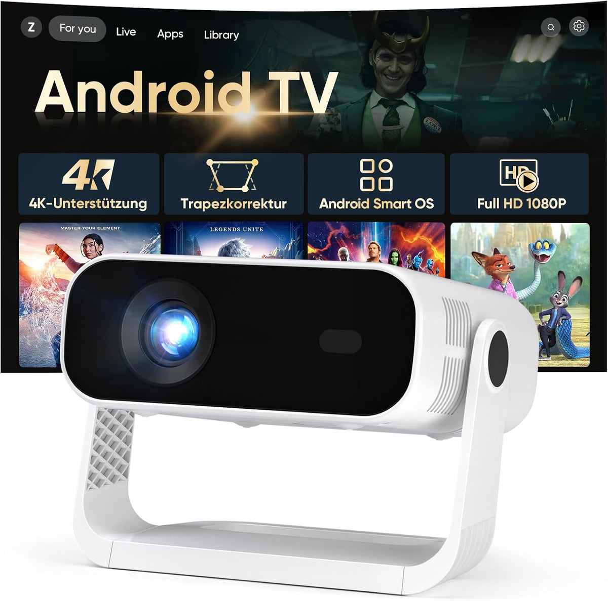 Vidéoprojecteur BT5.2, avec Wi-Fi, commande intelligente, Full HD, 4K, Wielio