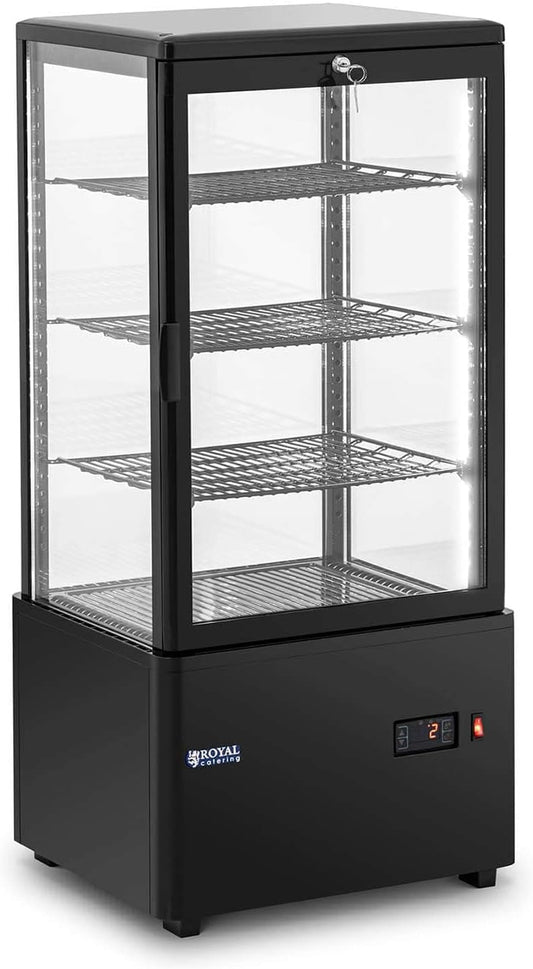 Vitrine réfrigérée RCCC-78-BT, 38,5 × 32,5 cm, 78 L, 2–10 °C, avec éclairage LED, noir, 4 niveaux, Royal Catering